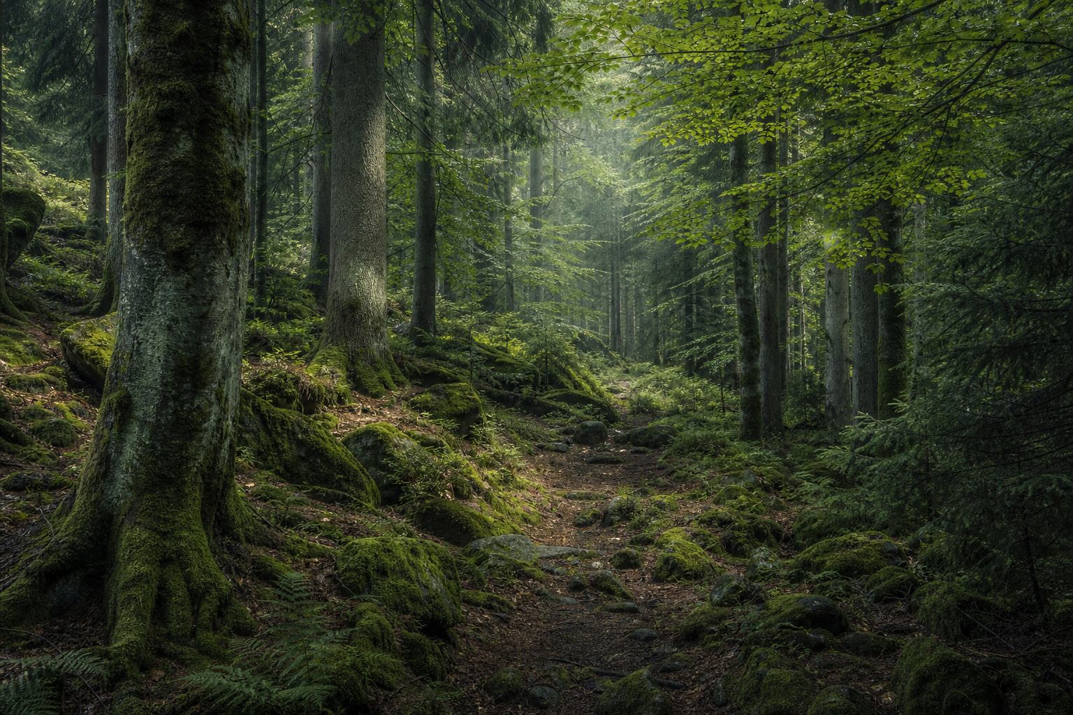 Moosiger Harzer Waldweg unter Fichten und Buchen