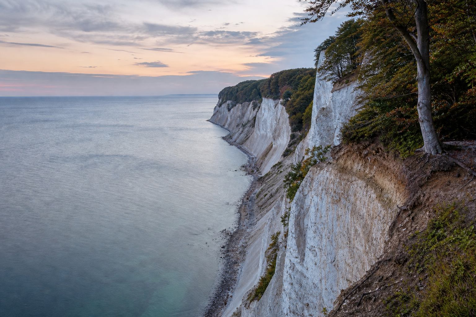 Kreidefelsen der Insel Rügen über der Ostsee im Abendlicht