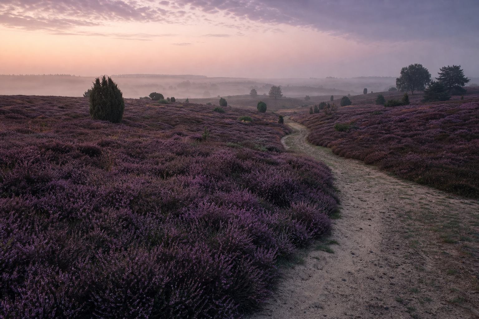 Blühende violette Heideflächen der Lüneburger Heide im Spätsommer